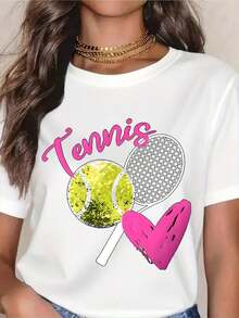 Women's Casual Tennis Lover T-Shirt - Adorable Tennis Ball, Racket, And Heart Design - Fun Graphic Tee For Tennis Players, Gift For Tennis Fans, Perfect For Tennis Matches, Training, Or Casual Wear - A Must-Have - 白色 - 查看 1