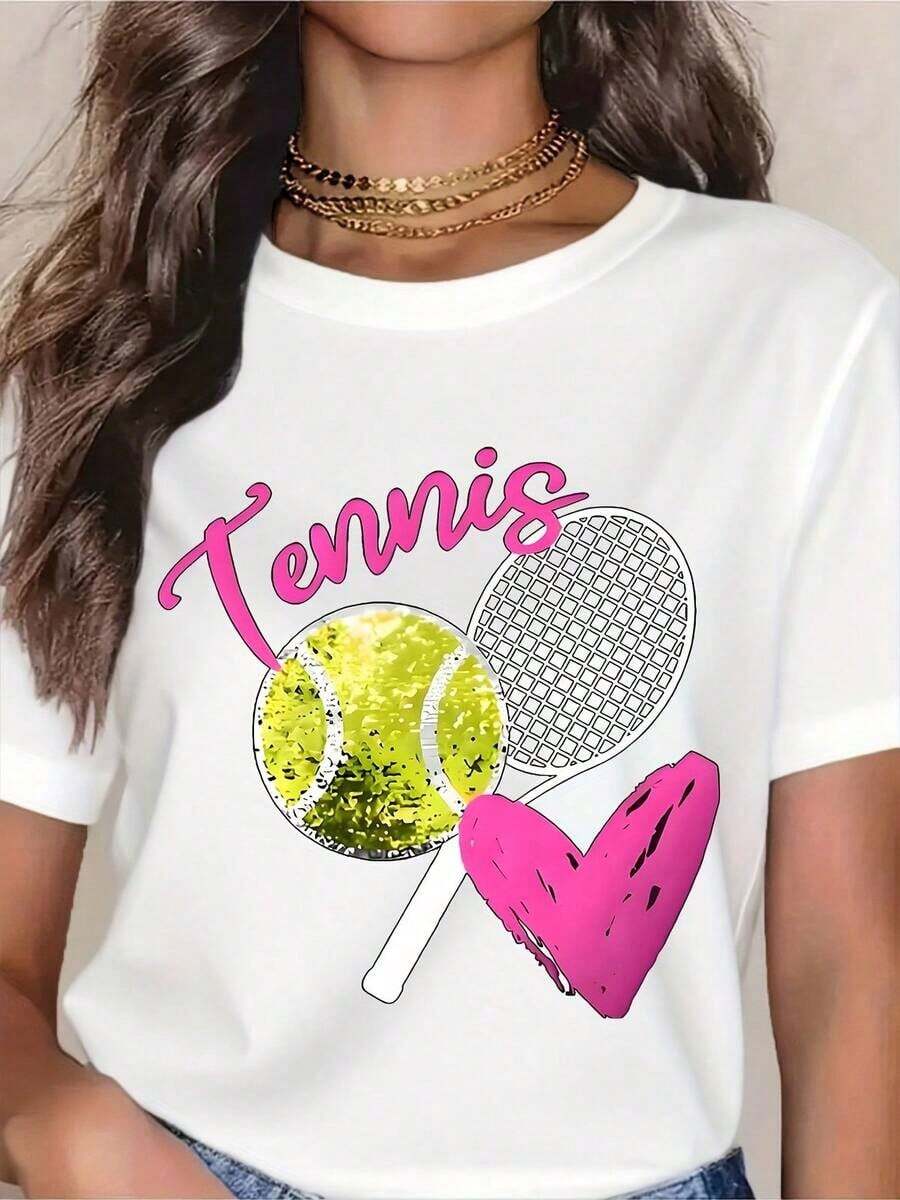 Women's Casual Tennis Lover T-Shirt - Adorable Tennis Ball, Racket, And Heart Design - Fun Graphic Tee For Tennis Players, Gift For Tennis Fans, Perfect For Tennis Matches, Training, Or Casual Wear - A Must-Have - 白色 - 查看 1