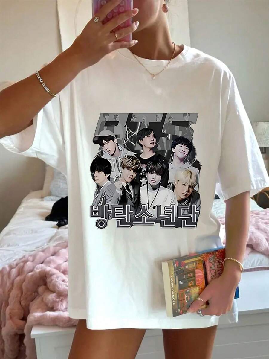 1 Women's Blouse, Beautiful Blouses For Women, Women's Clothing Sets, Music Group T-Shirt 180G, Black And White Print, High Quality Music Group Print On Round Neck, Basic Loose Fit, Breathable, Versatile, Machine Washable, Comfortable, Size S ~ 3XL, Essential Daily Casual Sporty For Summer. - 白色 - 查看 1