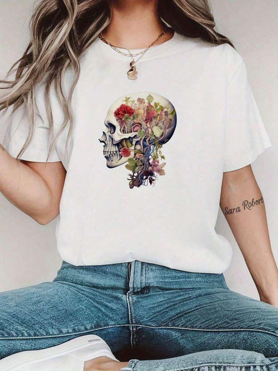 Women's White T-Shirt With Skull And Flower Print - Casual Short Sleeve Crew Neck T-Shirt, Breathable, Machine Washable For All Seasons, For Casual Outfits, Cute T-Shirts, Relaxed Fit T-Shirt, Artistic Design T-Shirt, Comfortable Material, For Women's Blouses > Clothing - 白色 - 查看 1