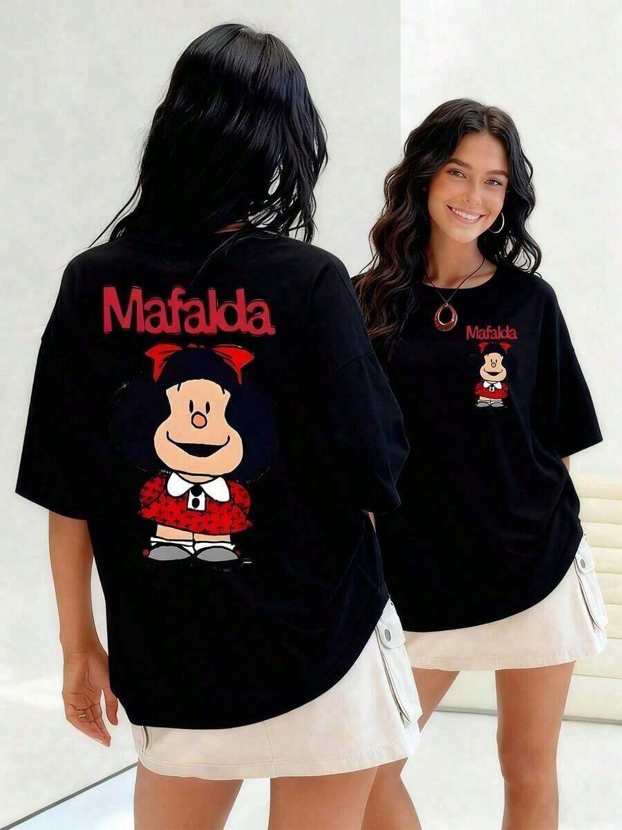Women's Cotton T-Shirts. Iconic Cartoon Mafalda With Her Red Dress And Bow. Women's T-Shirt, Shows A Girl Who Represents Rebellion And Childhood Intelligence In Spanish, 100% Cotton. Basic Women's Blouses - 黑色 - 查看 1
