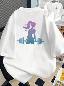 New 180gsm Short-Sleeved T-Shirt, 1% Cotton, With Front And Back Prints - Fitness Girl, Weightlifting - Fashionable Printed T-Shirt For Women, Your Best Choice! - Suitable For Layering In Spring And Autumn, Or Alone In Summer, Unisex Style. - 白色 - 查看 1