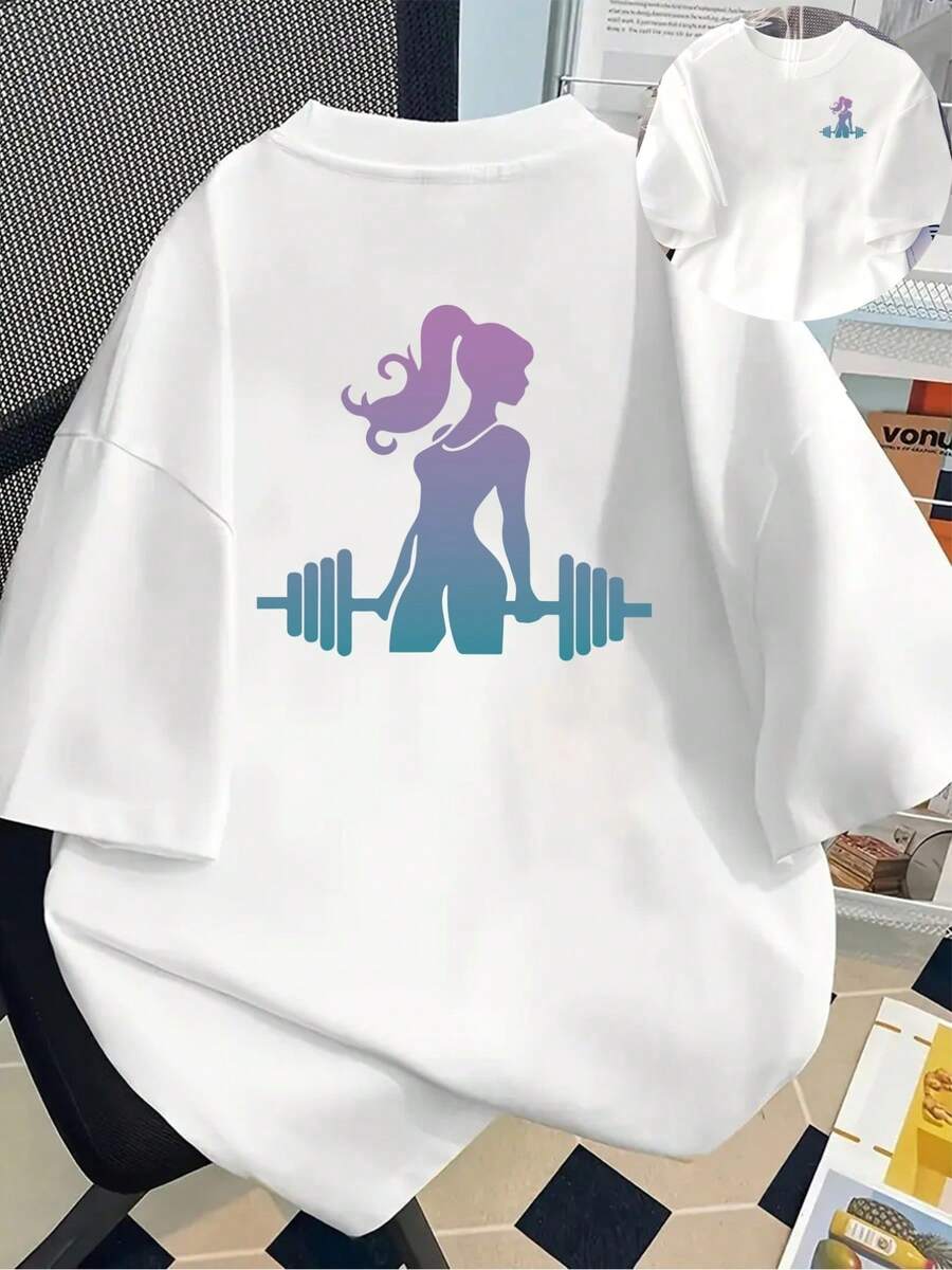 New 180gsm Short-Sleeved T-Shirt, 1% Cotton, With Front And Back Prints - Fitness Girl, Weightlifting - Fashionable Printed T-Shirt For Women, Your Best Choice! - Suitable For Layering In Spring And Autumn, Or Alone In Summer, Unisex Style. - 白色 - 查看 1
