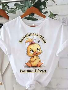 Plus Size Women's Modern Minimalist T-Shirt With Funny Duck Print And The Slogan "Sometimes I Think Too Much, But Then I Forget" - Casual Short Sleeve T-Shirt - Cartoon Duck And Bow Design - Plus Sizes 0-8XL (Machine Washable) - Casual Wear For All Four Seasons, For Everyday Use. - 白色 - 查看 7
