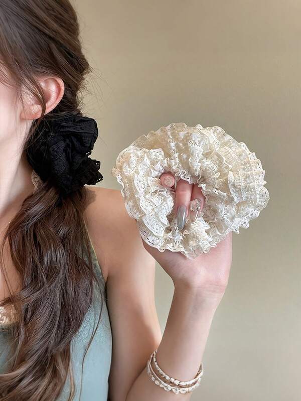 MH 2pcs Black & White Lace Scrunchies, Elegant & Gentle Hair Accessories Suitable For Daily Use Elastic Hair Ties