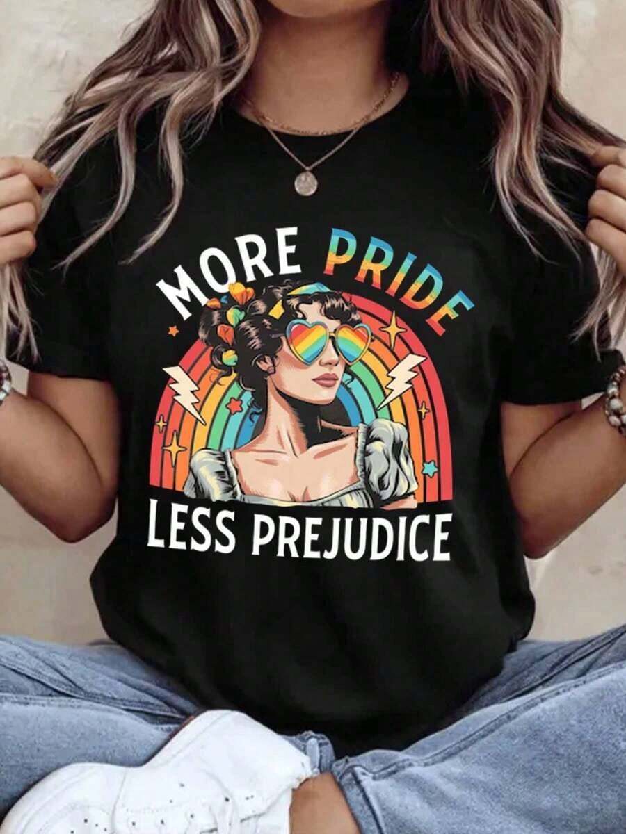 More Pride Less Prejudice Women's Rainbow Pride T-Shirt, Vintage Graphic Tee, LGBTQ Pride Festival T-Shirt, Unisex Casual Top, Summer Outfit, Pride Month Gift, 220g - Unisex Vintage Urban Style T-Shirt, Loose Fit, Cotton, Short Sleeve, Round Neck, 100% Pure Cotton. - 黑色 - 查看 1