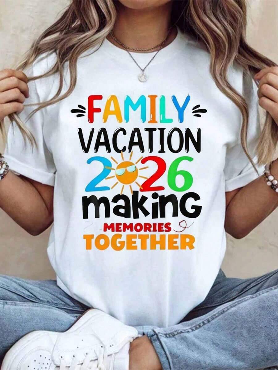 "Family Holidays 2026: Creating Memories Together" T-Shirt For Family Trips, Summer Clothes, Matching T-Shirts For Family Holidays 2026, Gift For Family Getaways, Short Sleeve T-Shirt, Crew Neck, Urban Vintage Style, Unisex, 220g, 100% Pure Cotton - 白色 - 查看 1