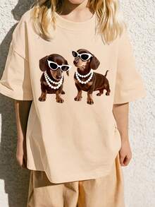 Girls Casual Dog Print T-Shirt, Fashion Dachshund Pattern, Short Sleeve, Soft And Comfortable Fabric, Campus Daily Wear - Apricot - View 10