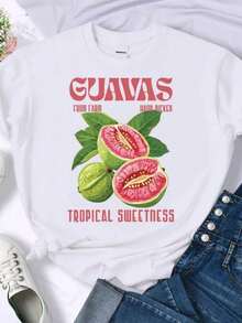 Women's Casual T-Shirt With Fresh Guava Print, Short Sleeve, Round Neck, Urban Hip Hop Style, Graphic Top, Fashion Clothing For Women - 白色 - 查看 1