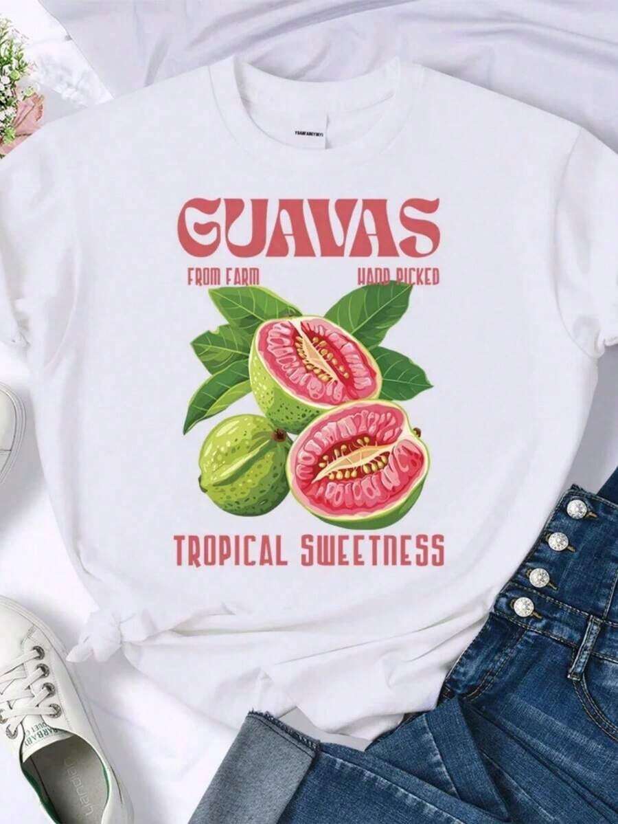 Women's Casual T-Shirt With Fresh Guava Print, Short Sleeve, Round Neck, Urban Hip Hop Style, Graphic Top, Fashion Clothing For Women - 白色 - 查看 1