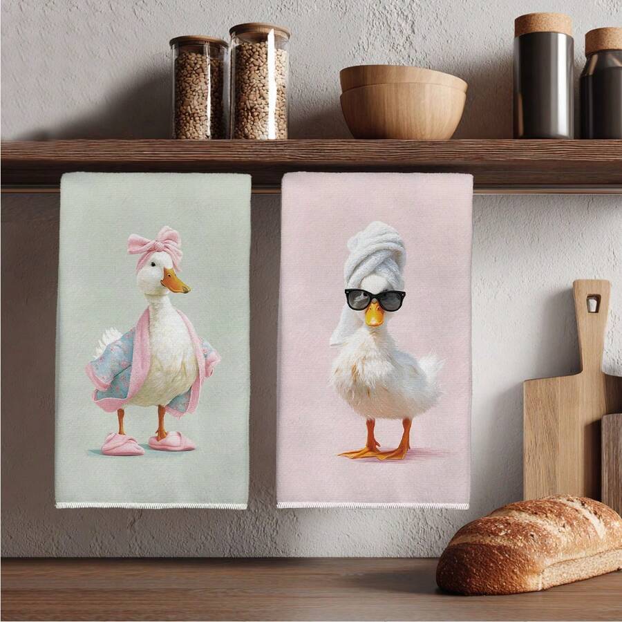 2pcs Funny Posh Duck Pattern Kitchen Towels, 40*60cm Soft Microfiber Material, Suitable For Home, Kitchen, Restaurant, Outdoor Camping, Tabletop Cleaning, Dish Drying, Gifts - Multicolor - View 1