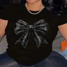 Women's Plus Size T-Shirt With Black Bow And Butterfly Print - Elegant Crew Neck, Soft And Breathable Fabric, Machine Washable, Casual And Formal Wear All Year Round, Perfect Gift For Friends, Stylish Bow Design, Easy Care Clothing S-XXL - 黑色 - 查看 1