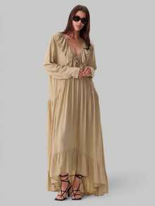 Vestido largo cuello V con volantes y manga acampanada, estilo vacacional primavera verano 2026 - Caqui - Ver 2