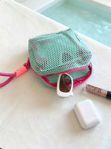Bolsa de maquillaje de malla de dopamina con cordón (color aleatorio), bolsa portátil y transpirable para almacenamiento de cosméticos y lápiz labial, esencial para viajes - Multicolor - Ver 3