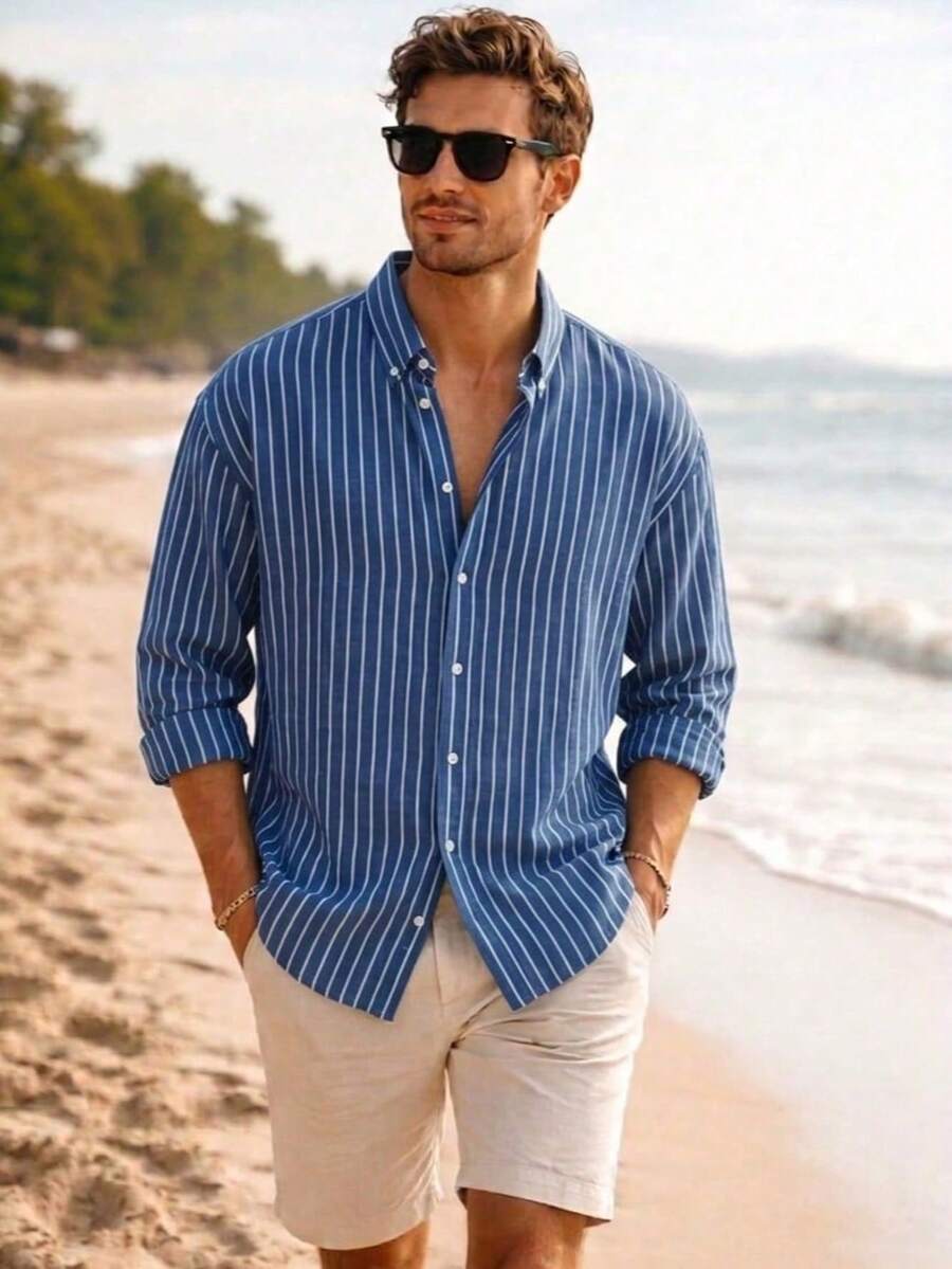 Men's Summer Shirt With A Lightweight, Finely Striped, Flowing Design That Requires No Ironing. - Blue - View 1