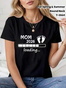 Camiseta de mujer de cuello redondo para primavera y verano con estampado de letras y huellas de pies, con barra de carga "Actualizando a Mamá", llena de anticipación | Estampado de animales adorables | Estampado de letras divertidas | Combinable con la moda callejera | Ropa para el verano al aire libre o para el día a día | Ropa diaria para chicas dulces o estudiantes | Ropa fresca y sin sudor en verano | Estampado de animales adorables | Estampado de letras divertidas | Combinable con la moda callejera | Ropa para el verano al aire libre o para el día a día | Ropa diaria para chicas dulces o estudiantes | Ropa fresca y sin sudor en verano - Negro - Ver 2