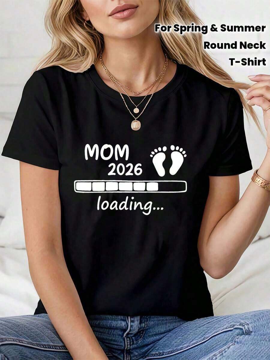Camiseta de mujer de cuello redondo para primavera y verano con estampado de letras y huellas de pies, con barra de carga "Actualizando a Mamá", llena de anticipación |     Estampado de animales adorables |     Estampado de letras divertidas |     Combinable con la moda callejera |     Ropa para el verano al aire libre o para el día a día |     Ropa diaria para chicas dulces o estudiantes |     Ropa fresca y sin sudor en verano |     Estampado de animales adorables |     Estampado de letras divertidas |     Combinable con la moda callejera |     Ropa para el verano al aire libre o para el día a día |     Ropa diaria para chicas dulces o estudiantes |     Ropa fresca y sin sudor en verano
