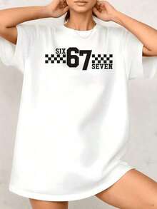 Gift 1 Piece Women's Camisole With Retro Vintage Plaid Graphic Print Number 67, Casual Sport Style, 100% Cotton, Round Neck - Vintage Urban Style, Unisex, Loose Cotton Short Sleeve Camisole With Round Neck. Soft - 白色的 - 查看 6