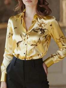 1 Piece Of Long-Sleeved Button-Down Shirt With Floral Print, Suitable For Dates, Holidays, Birthdays, Parties, Travel, Spring/Autumn Vacation. - 淺金色 - 查看 2