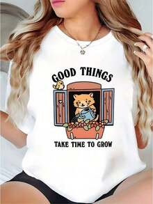 Women's PremiumLoose Versatile Short Sleeve T-Shirt - Wo's Cute Cat Design Black T-Shirt - Loose Fit Short Sleeve T-Shirt For Everyday Wear, Soft, Casual Summer Loungewear. Gift Idea. - 白色 - 查看 1