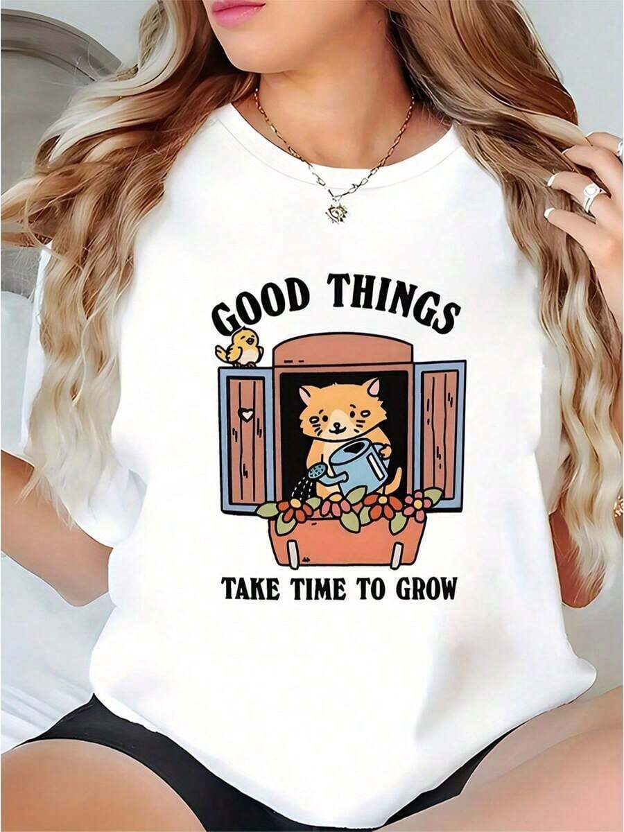 Women's PremiumLoose Versatile Short Sleeve T-Shirt - Wo's Cute Cat Design Black T-Shirt - Loose Fit Short Sleeve T-Shirt For Everyday Wear, Soft, Casual Summer Loungewear. Gift Idea. - 白色 - 查看 1