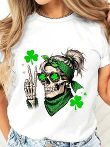 Women's T-Shirt With Skull, Shamrock And Bandana, St. Patrick's Day Theme, Casual Wear, New Arrivals, Gifts For Women - 白色 - 查看 2