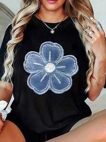 1 Women's Denim Style T-Shirt With Blue Floral Print, Casual Short Sleeve Round Neck Top With Five Petal Design, Breathable For All Seasons, Similar Look To Jeans To Layer Or Wear Alone (Gift Idea For Birthdays And Parties) 100% Cotton - 彩色 - 查看 9