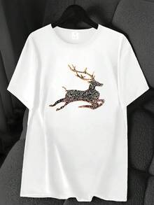 T-Shirt With A Golden Deer Print. Available In 6 Colors, Short Sleeves, Round Neck, High-Stretch Casual Sports Top. Machine Washable. Basic T-Shirt For Spring And Summer. Suitable For All Seasons. Women's Clothing. Elegant Party Outfit, T-Shirt For Stylish Ladies, Blouses Suitable For Curvy Women, Casual Wear, Cool And Breathable Summer Wear, Fun Letter Print. - 白色 - 查看 1