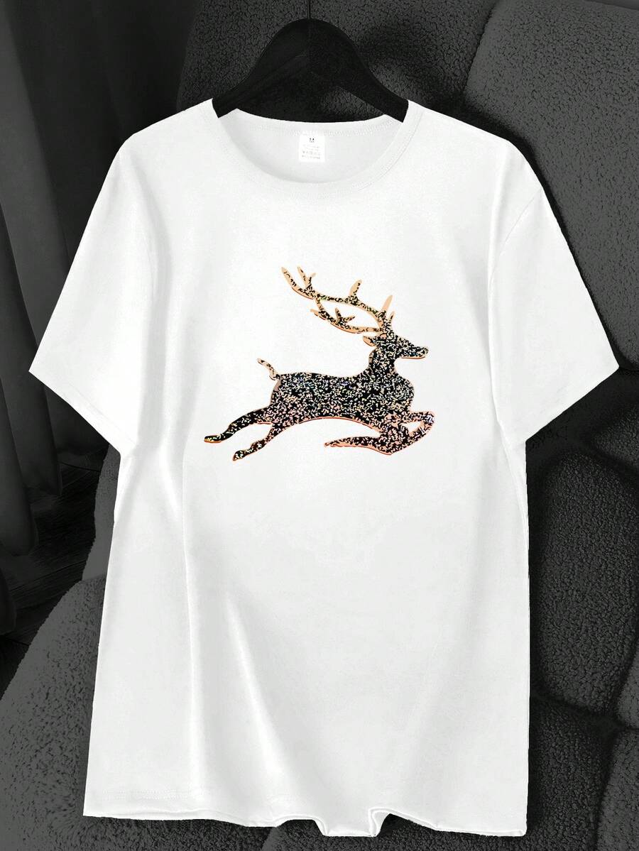 T-Shirt With A Golden Deer Print. Available In 6 Colors, Short Sleeves, Round Neck, High-Stretch Casual Sports Top. Machine Washable. Basic T-Shirt For Spring And Summer. Suitable For All Seasons. Women's Clothing. Elegant Party Outfit, T-Shirt For Stylish Ladies, Blouses Suitable For Curvy Women, Casual Wear, Cool And Breathable Summer Wear, Fun Letter Print. - 白色 - 查看 1