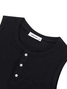 Edición de verano Camiseta de tirantes tipo henley acanalada para hombre, camisa sin mangas de ajuste ceñido y transpirable con botones de media cartera - Negro - Ver 9