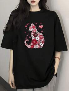 1 Pieza Camiseta Unisex Holgada 180g 100% Algodón Puro, Camiseta fresca gato de flores estilo moderno diseño artístico estampa colorida regalo para amantes de los gatos tallaM color negro moda casual  2023. Cómoda y versátil para escuela, trabajo, salidas y eventos casuales - Negro - Ver 6