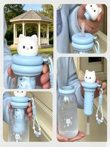 Cute Animal Plastic Water Cup With Tea Strainer & Lanyard, Pink/Blue Cat, Adorable Puppy 4 Styles, Built-In 3D Figurine Lid, Tea Strainer & Beaded Lanyard, Suitable For Students, Commuting, Short Trips, Transparent Cup Body With Adorable Printed Design, Great For Fruit Tea - Multicolor - View 3