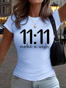 Artistic 11:11 Letter Print - Y2K Style - Women's Slim Fit Solid Color Crew Neck Short Sleeve T-Shirt, Casual And Sporty Style, With Gathered Waist Detail, Suitable For All Seasons. - 黑色 - 查看 9