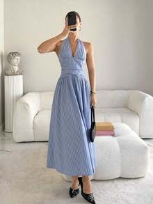 Vestido largo con cintura fruncida y anudada en el cuello - Azul - Ver 5
