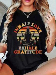 Plus Size Women's Casual T-Shirt, Vintage Design With Sunbeam Gradient Background, 'INHALE LOVE' 'EXHALE GRATITUDE' Text, Positive Affirmation T-Shirt For Wellbeing, Everyday Wear - For Self-Love Enthusiasts And Fans - 黑色 - 查看 6
