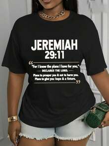 Women's Casual Sports T-Shirt In Black With White Bible Text - Elastic Crew Neck T-Shirt, Machine Washable, Comfortable Fit, For All Seasons, Perfect To Match With Denim Shorts. - 黑色 - 查看 6