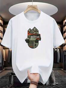 Men's Vintage Off-Road Adventure Print T-Shirt - Pure Cotton Short-Sleeve Casual T-Shirt With Off-Road Vehicle And Campfire Prints, Lightweight, Ideal For Summer Outdoor Travel, Suitable For Road Trips And Camping, Machine Washable With A Comfortable Fit, Vintage Geometric Design Combined With Off-Road Vehicles And Tents, Men's Regular Fit Crew Neck T-Shirt. - 白色 - 查看 1