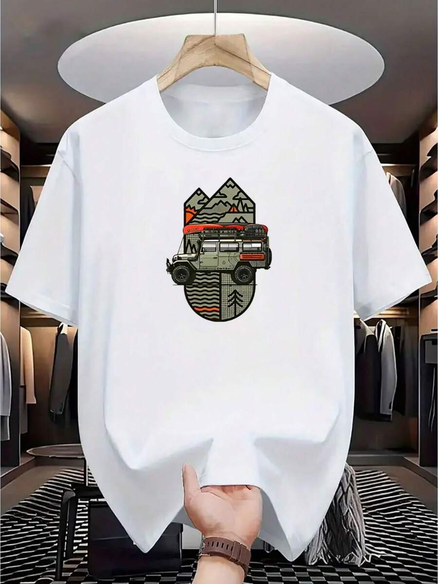 Men's Vintage Off-Road Adventure Print T-Shirt - Pure Cotton Short-Sleeve Casual T-Shirt With Off-Road Vehicle And Campfire Prints, Lightweight, Ideal For Summer Outdoor Travel, Suitable For Road Trips And Camping, Machine Washable With A Comfortable Fit, Vintage Geometric Design Combined With Off-Road Vehicles And Tents, Men's Regular Fit Crew Neck T-Shirt. - 白色 - 查看 1
