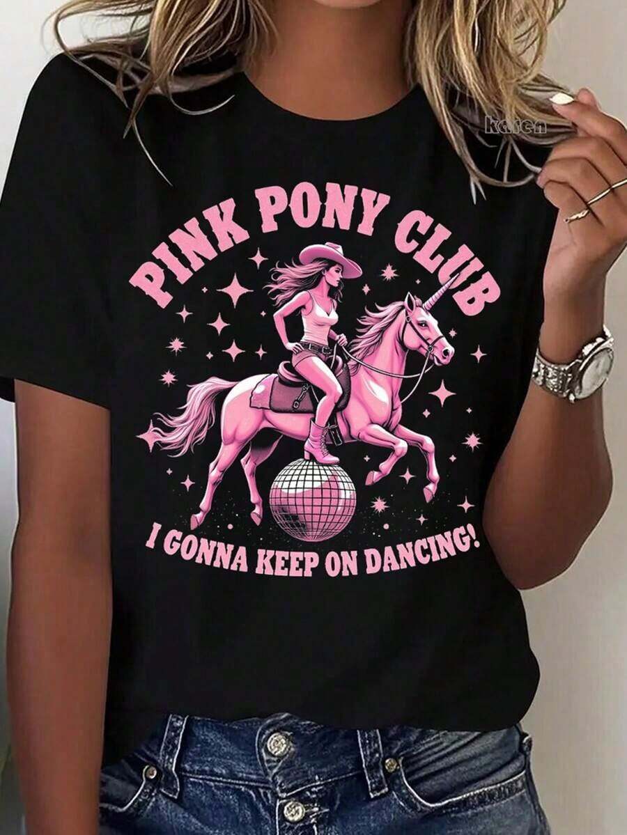 Women's Black Short-Sleeved T-Shirt, 100% Pure Cotton, By Wo's. "Pink Pony Club" Design – A Girl Riding A Pink Unicorn On A Disco Ball, Retro Pop Art Style For Parties And Music Festivals. This Casual Crew Neck T-Shirt Is Designed Specifically For Women And Is Machine Washable, Making It Perfect For Everyday Casual Wear And Holidays. Great Gift Idea! - 黑色 - 查看 1