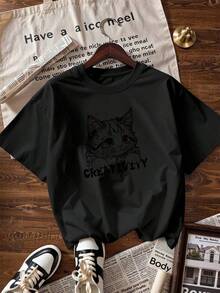 T-Shirt With Cat Print And "CREATIVITY" Text, Fashionable Short-Sleeved T-Shirt For Spring And Summer 2026, Made In Mexico, 180 Grams. Cartoon Print, Couple Design, Suitable For Indoor Or Outdoor Wear. Crew Neck, Unisex, Ideal For The Office And Leisure. One-Pack. - BK-P631577SLNDXZGY589 - 查看 4