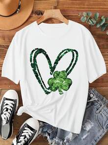 Women's Printed T-Shirt - Casual Short Sleeve Crew Neck T-Shirt In White With Textured Clover And Heart Design - Relaxed Fit For All Seasons, Perfect For Everyday Wear And Holiday Outfits (Machine Washable). - 白色 - 查看 7