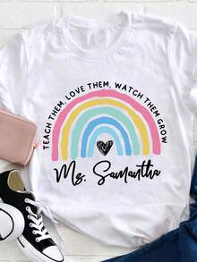Women's Casual Sports T-Shirt With Rainbow Design And Text - White Elastic Round Neck T-Shirt, Machine Washable, Comfortable Fit For All Seasons, Perfect For Daily Wear And Outdoor Activities. - White - View 7