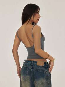 PETITE Camisola sin Mangas con Bajo Arrugado para Mujer, Estilo Casual, Color Sólido - Gris Oscuro - Ver 8