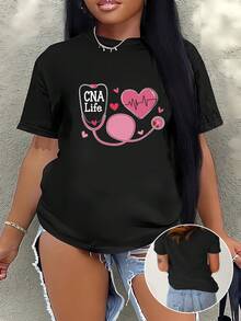 Round Neck T-Shirt With Pink Heart Print - Soft, Breathable, High Elasticity Short Sleeve Sports T-Shirt For Women - Fashionable And  Clothing, Comfortable And Versatile, 180g 100% Cotton. - 黑色 - 查看 7