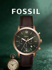 Fossil 男士圆形石英表，橄榄绿旭日纹表盘，玫瑰金罗马数字时标，3个小表盘，日期显示窗，暖玫瑰金合金表壳，棕色皮表带，成熟绅士秋季风格男士礼物 - 咖啡色 - 查看 4