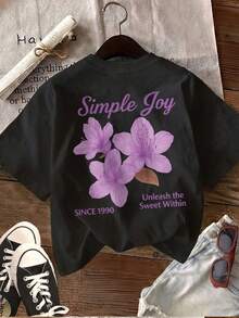 | Exquisite Design | Loose And Comfortable | Easy To Match | [Double-Sided Print] Women's Casual Summer T-Shirt, Cool Style, Floral And Leaf Print, Simple Print, Round Neck, Pure Cotton Short-Sleeve T-Shirt. - 黑色 - 查看 3