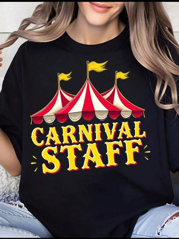 Camiseta de mujer, camiseta de personal de carnaval con diseño de carpa de circo para festivales, fiestas, eventos, camiseta divertida para disfraz. - Negro - Añade 1