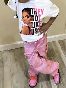 1 Piece Of Cotton Clothing For Girls, Y2K Inspired Letter Print T-Shirt - Casual Round Neck, Short Sleeve, Machine Washable - Perfect For Spring/Summer/Autumn, Fashion, Streetwear, Unisex, For Men And Women. - 白色 - 查看 7