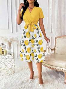 Vestido de mujer con cuello en V y cinturón, manga corta, vestido largo de verano para mujer - Amarillo - Ver 6