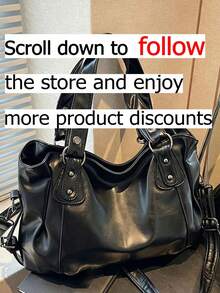 This Classic Black PU Tote Bag Features An Adjustable Shoulder Strap With Stud Embellishments, Perfect For Street Style, Working Women, And Students For Everyday Outings And Weekend Trips. - Black - View 2